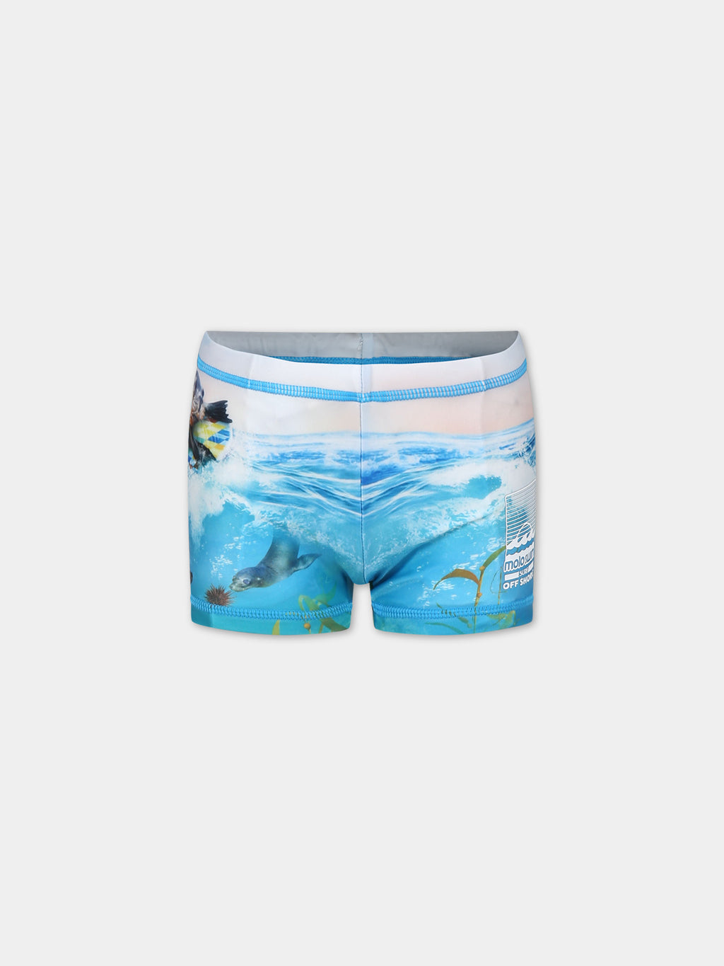 Light blue swim shorts for boy with seal print